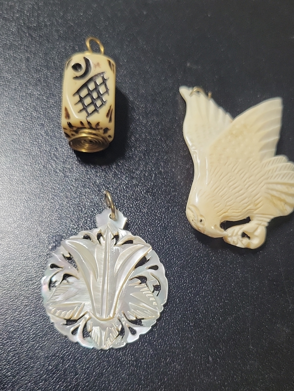 Handcrafted Ivory-Tone Carved Bird & Floral Pendant Set